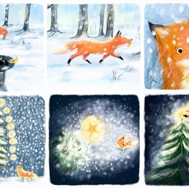illustrations of a fox in a snowy forest